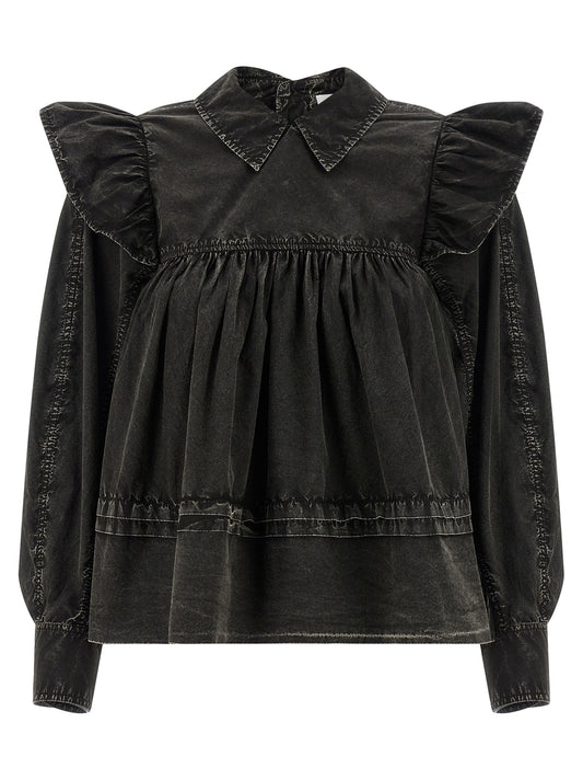 Ganni Black Washed Frill Blouse