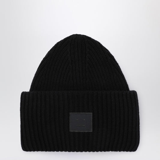 Acne Studios Black large face logo beanie - Yak