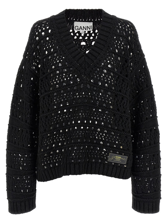 Ganni Black Crochet V-neck Sweater