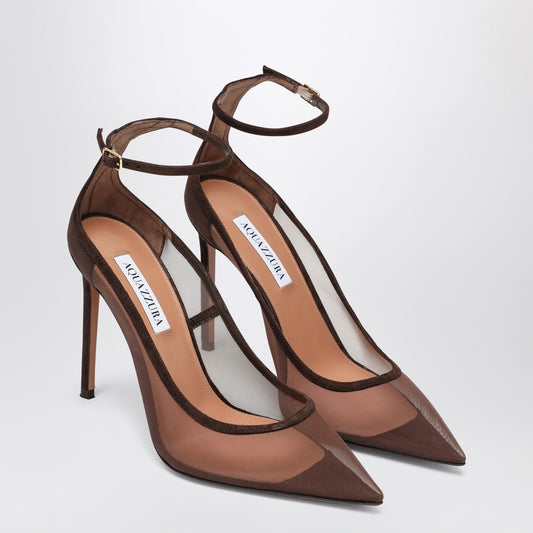 Aquazzura Decolleté Love Affair 85 in mesh with brown suede