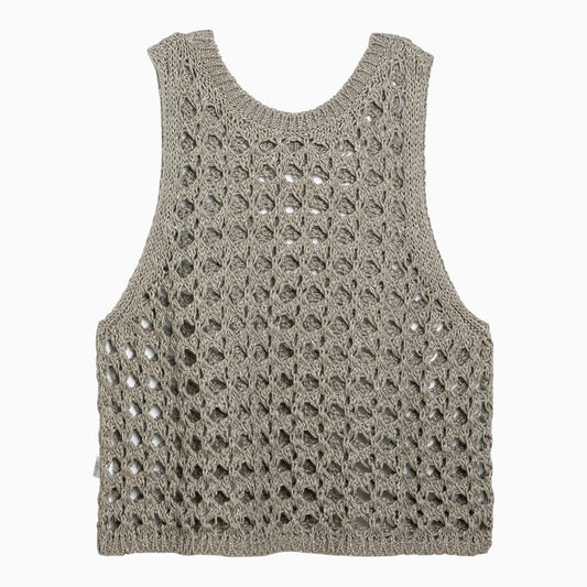 Brunello Cucinelli Dark green perforated cotton-blend tank top