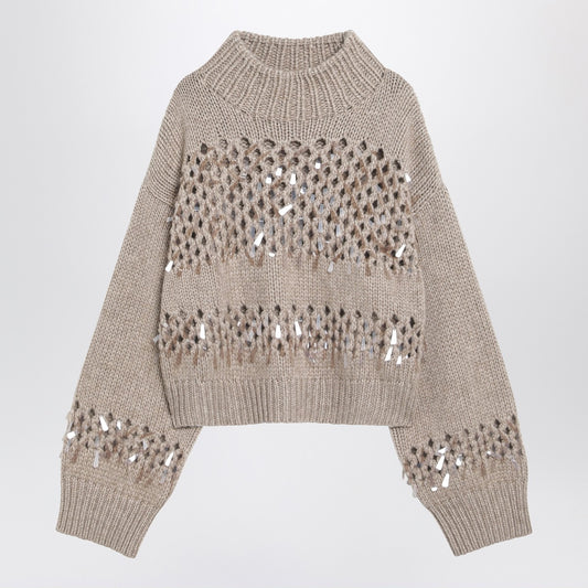 Brunello Cucinelli Brown openwork sweater with sequins