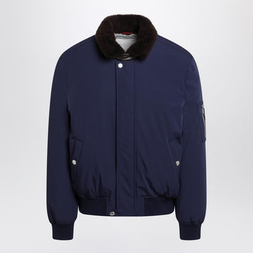 Brunello Cucinelli Indigo nylon puffer jacket with shearling collar