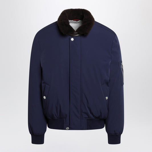 Brunello Cucinelli Indigo nylon puffer jacket with shearling collar