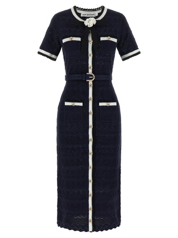 Self-Portrait Navy Pointelle Knit Midi Dress