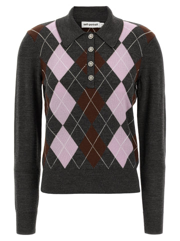 Self-Portrait Grey Argyle Lightweight Sweater