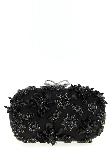 Self-Portrait Black Satin Floral Crystal Clutch