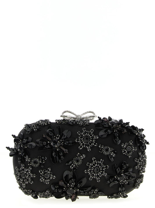 Self-Portrait Black Satin Floral Crystal Clutch