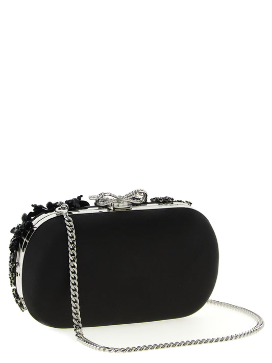 Self-Portrait Black Satin Floral Crystal Clutch