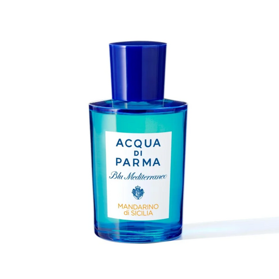 Blue Acqua di Parma bottle on a white background