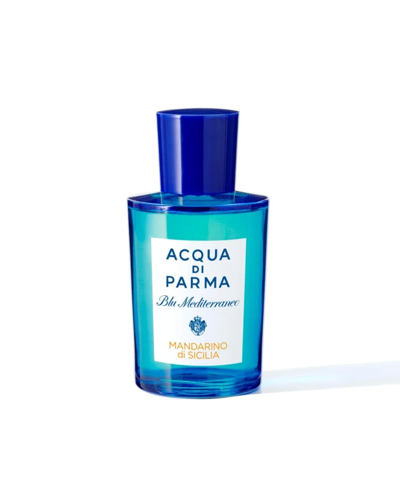 Blue Acqua di Parma bottle on a white background