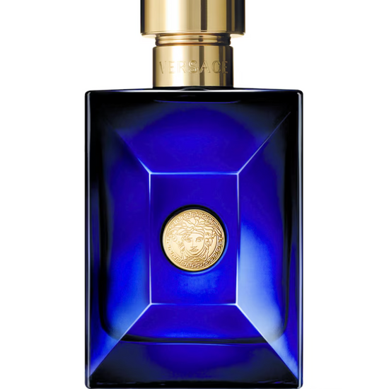 Blue perfume bottle with gold cap on a white background
