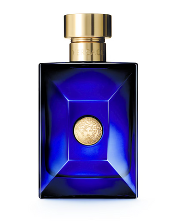 Blue perfume bottle with gold cap on a white background