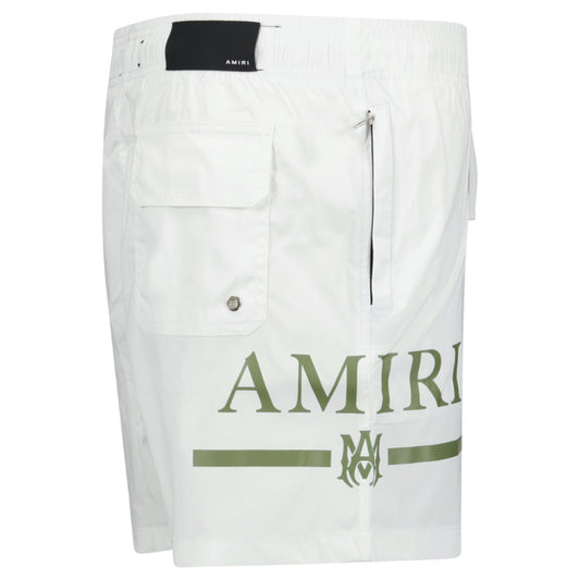 Amiri Ma Bar Green Logo Drawstring Swim Shorts White