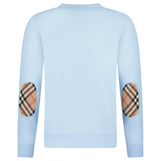 Burberry 'Bempton' Embroidery Check Elbow Wool Jumper Pale Blue
