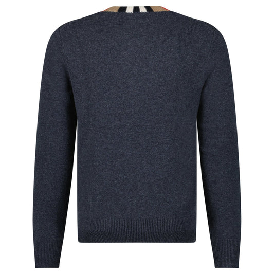 Burberry 'Noland' Knitted Wool/ Cashmere Jumper Check Neck Charcoal Grey