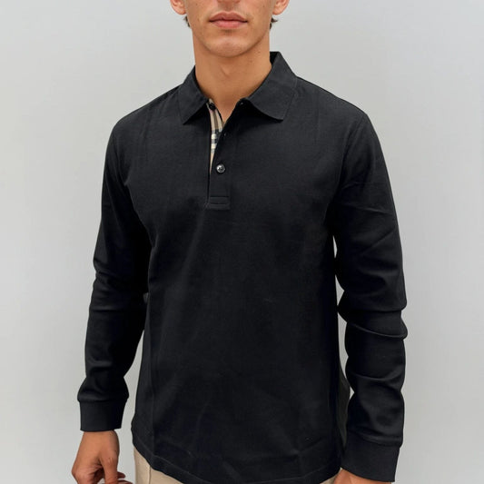 Burberry 'Hartford' Long Sleeved Check Placket Polo-Shirt Black