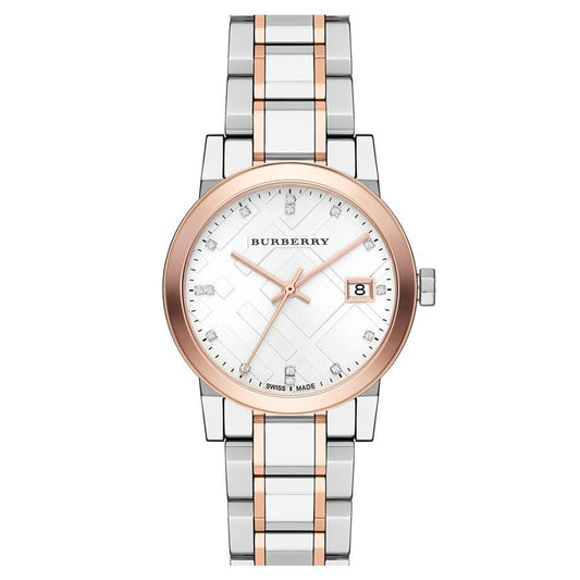 Burberry Ladies Watch Diamond Check Stamped 34mm Two Tone Rose Gold BU9127