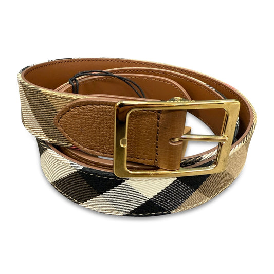 Burberry Leather/ Canvas Reversible House Check Belt Tan Brown