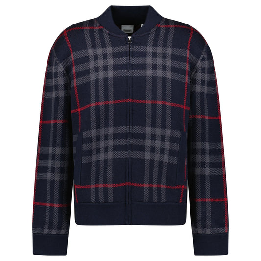 Burberry 'Morland' Knitted Wool Bomber Jacket Check Navy