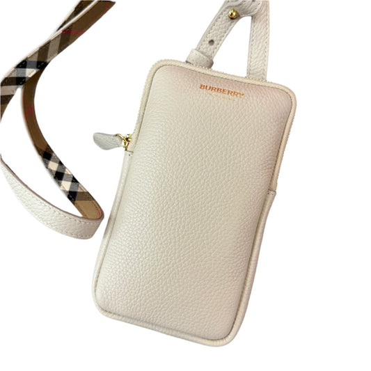 Burberry Phone Pouch Check Strap Grained Leather in Limestone