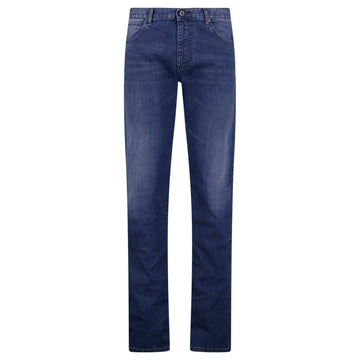 Emporio Armani J45 Regular Fit 5 Pocket Black Eagle Distressed Belt Patch Jeans Blue