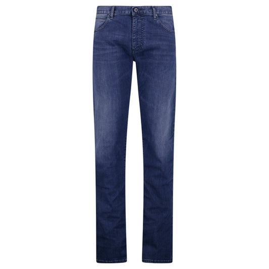 Emporio Armani J45 Regular Fit 5 Pocket Black Eagle Distressed Belt Patch Jeans Blue
