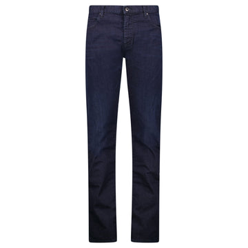 Emporio Armani J45 Regular Fit 5 Pocket Black Eagle Distressed Belt Patch Jeans Dark Blue