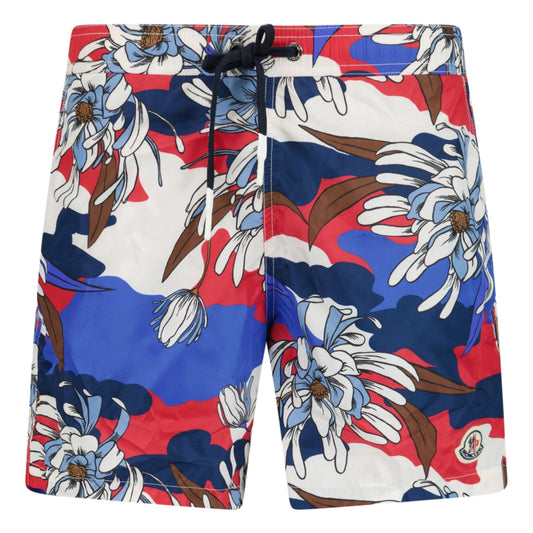 Moncler Flower Print Logo Swim Shorts Red, White & Blue