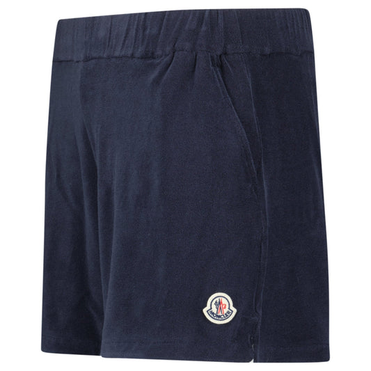 Moncler Logo-Patch Velour Shorts in Navy