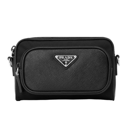 Prada Shoulder Bag in Black Re-Nylon and Saffiano Leather