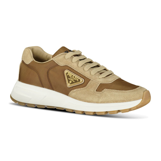 Prada Prax 01 Triangle Logo Suede Trainers Brown & Beige