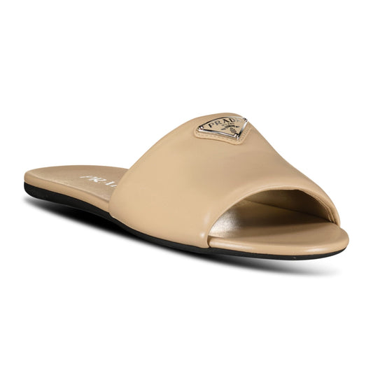 Prada Triangle Logo Puffer Sliders Beige