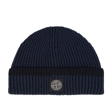 Stone Island Beanie with Vanisé Ribbing and Compass Patch in Navy