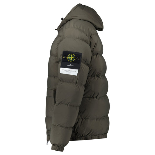Stone Island Hooded Down Jacket with Seamless Feather Tunnels in Military Green