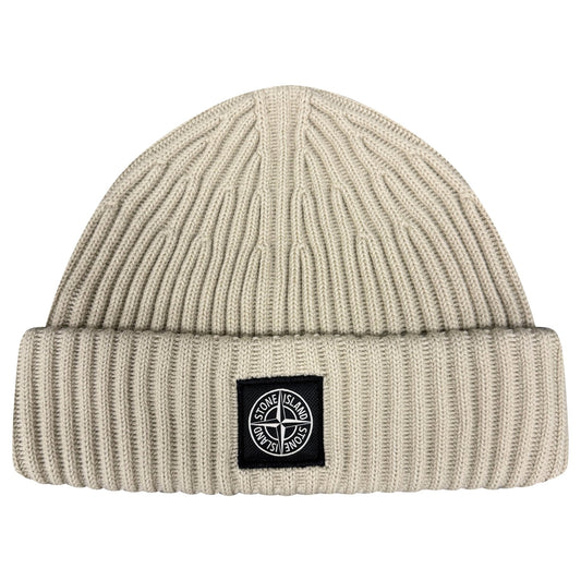 Stone Island Thick Ribbed Wool Beanie Hat Beige