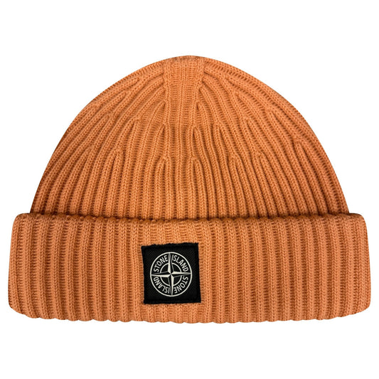 Stone Island Thick Ribbed Wool Beanie Hat Orange