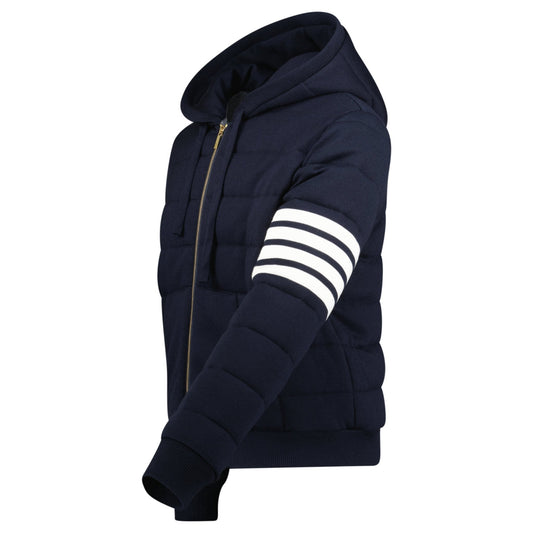 Thom Browne Merino Wool Jersey Stitch Padded 4-Bar Zip-Up Hoodie in Navy
