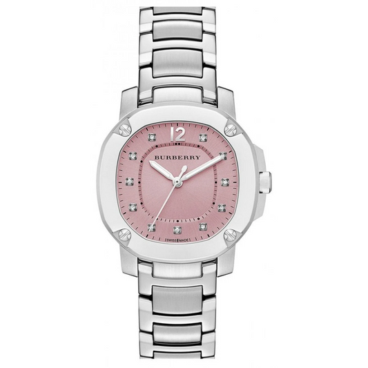 Burberry The Britain Diamonds Pink Dial Silver Steel Strap Watch for Women - BBY1805