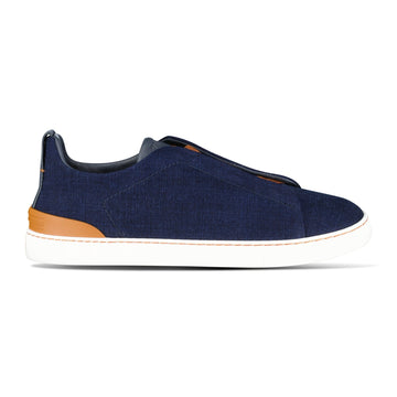 Zegna Triple Stitch Contrast-Sole Denim Low-Top Trainers Navy
